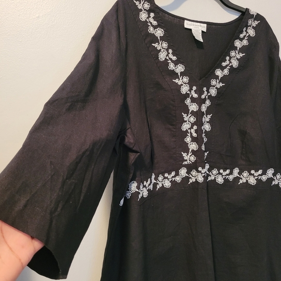 Women's 2X linen blend black white flora embroidered tunic blouse top plus size - Picture 4 of 14